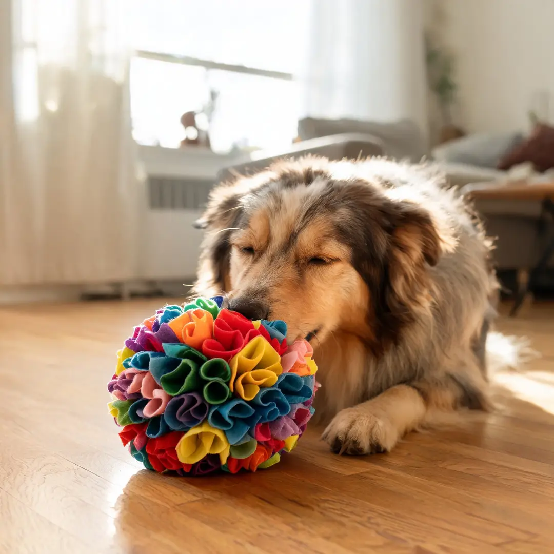 Perro acostado en el living, con el hocico metido entre los pliegues de colores de la pelota olfativa