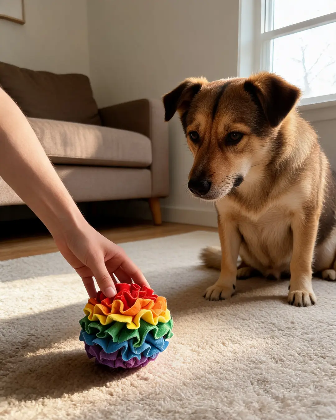 Una persona le ofrece la pelota a su perro, que la mira con curiosidad