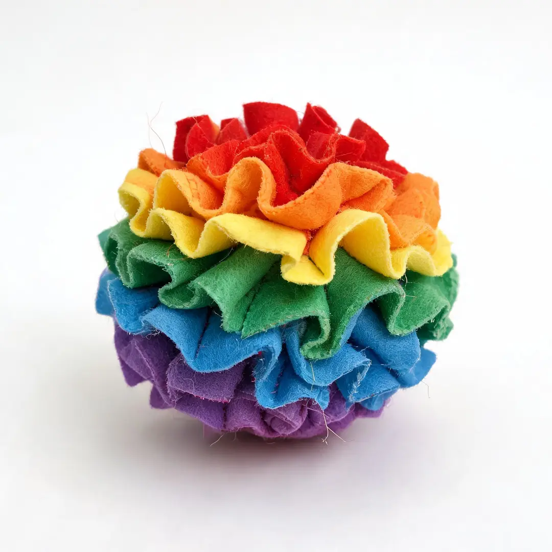 La pelota olfativa de fieltro, con pliegues de colores y premios asomando